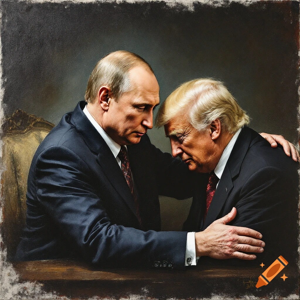 Painting of two men resembling Putin and Trump in a solemn pose.