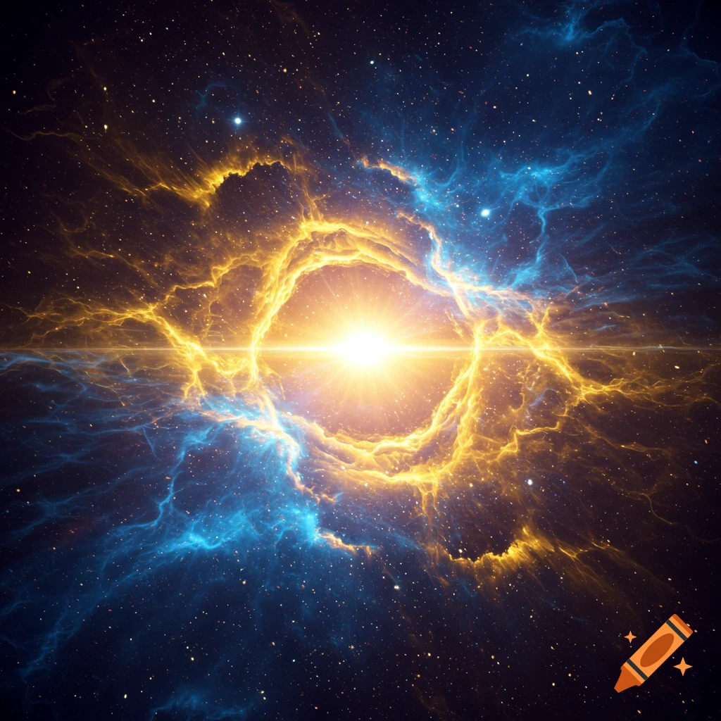 Glowing blue and yellow cosmic energy swirling around a bright light in space with stars.