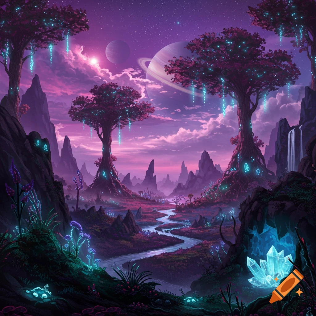 A vibrant fantasy landscape with glowing purple trees, strange plants, mountains, a winding river, and planets visible in a starry pink and purple sky.