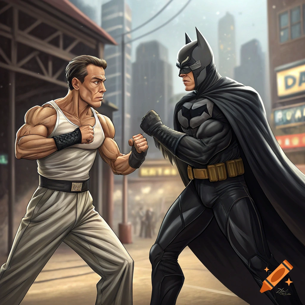 Illustration of Jean Claude Van Damme fighting Batman in a city street