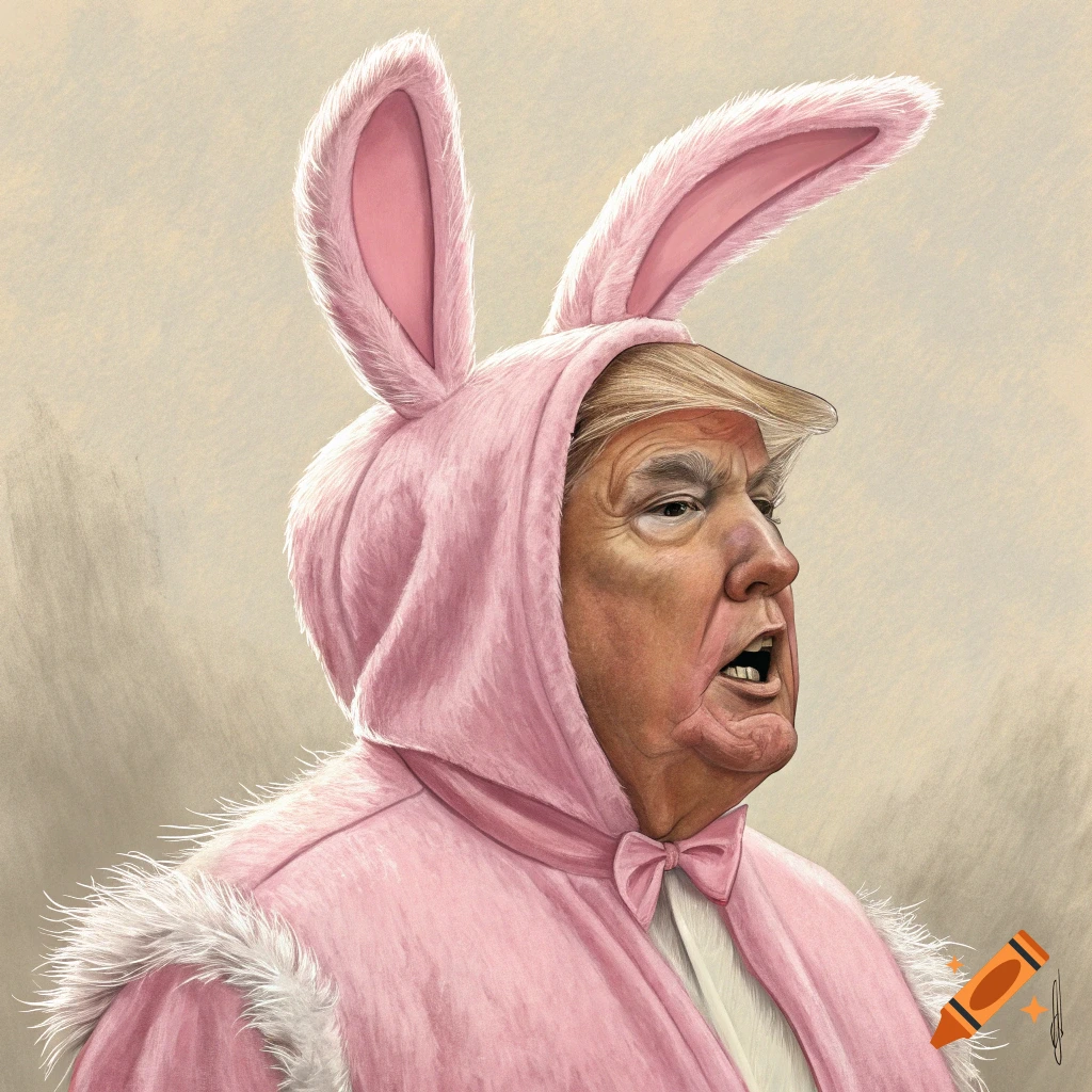 Caricature illustration of Donald Trump wearing a pink Easter bunny costume with large ears and bow tie.