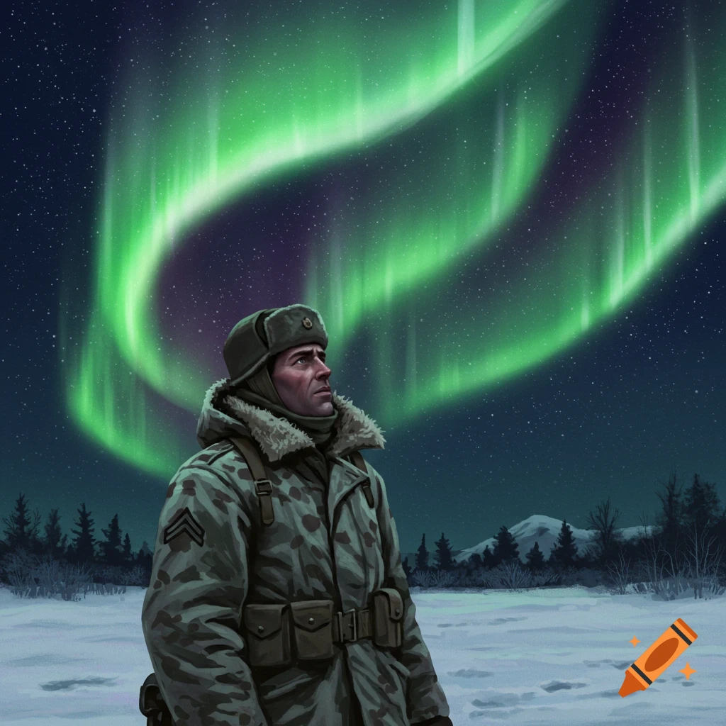 A soldier in winter gear looks up at the northern lights in a snowy landscape.