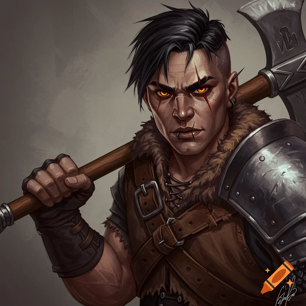 A fantasy human fighter with amber eyes, scars, and a great axe.