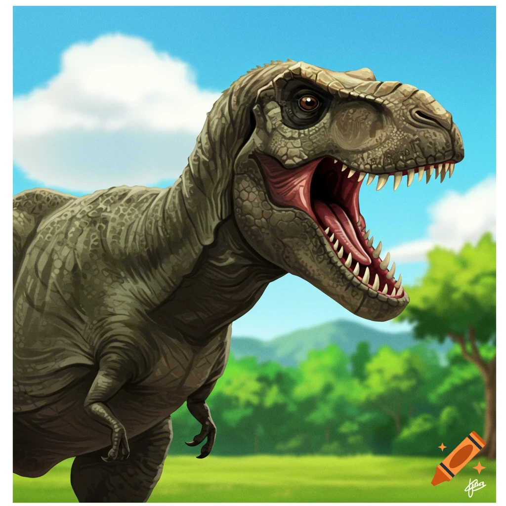 A T-Rex roaring in a green landscape under a blue sky.