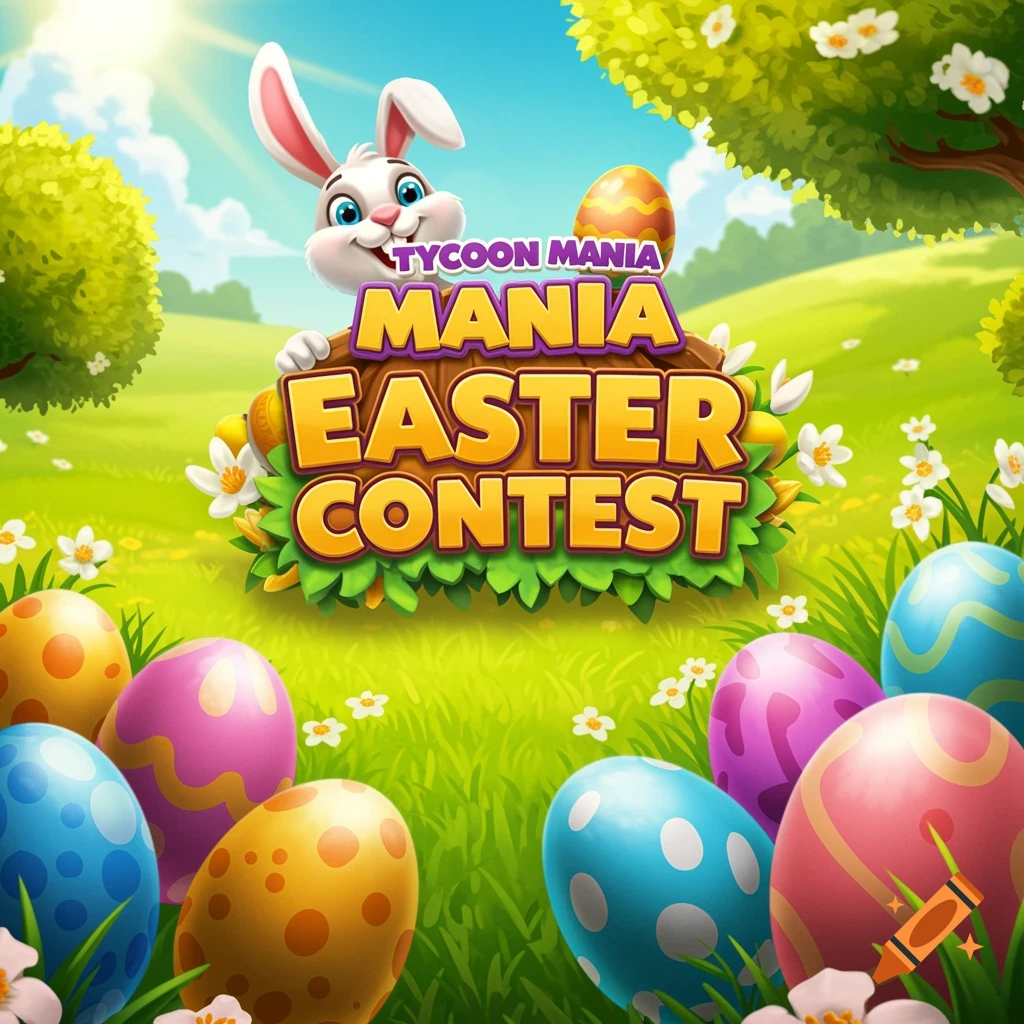 An Easter bunny stands behind a banner with 'TYCOON MANIA EASTER CONTEST' text, surrounded by colorful eggs and flowers in a meadow.
