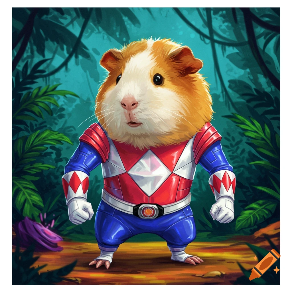 A guinea pig dressed as the Red Power Ranger standing in a jungle.