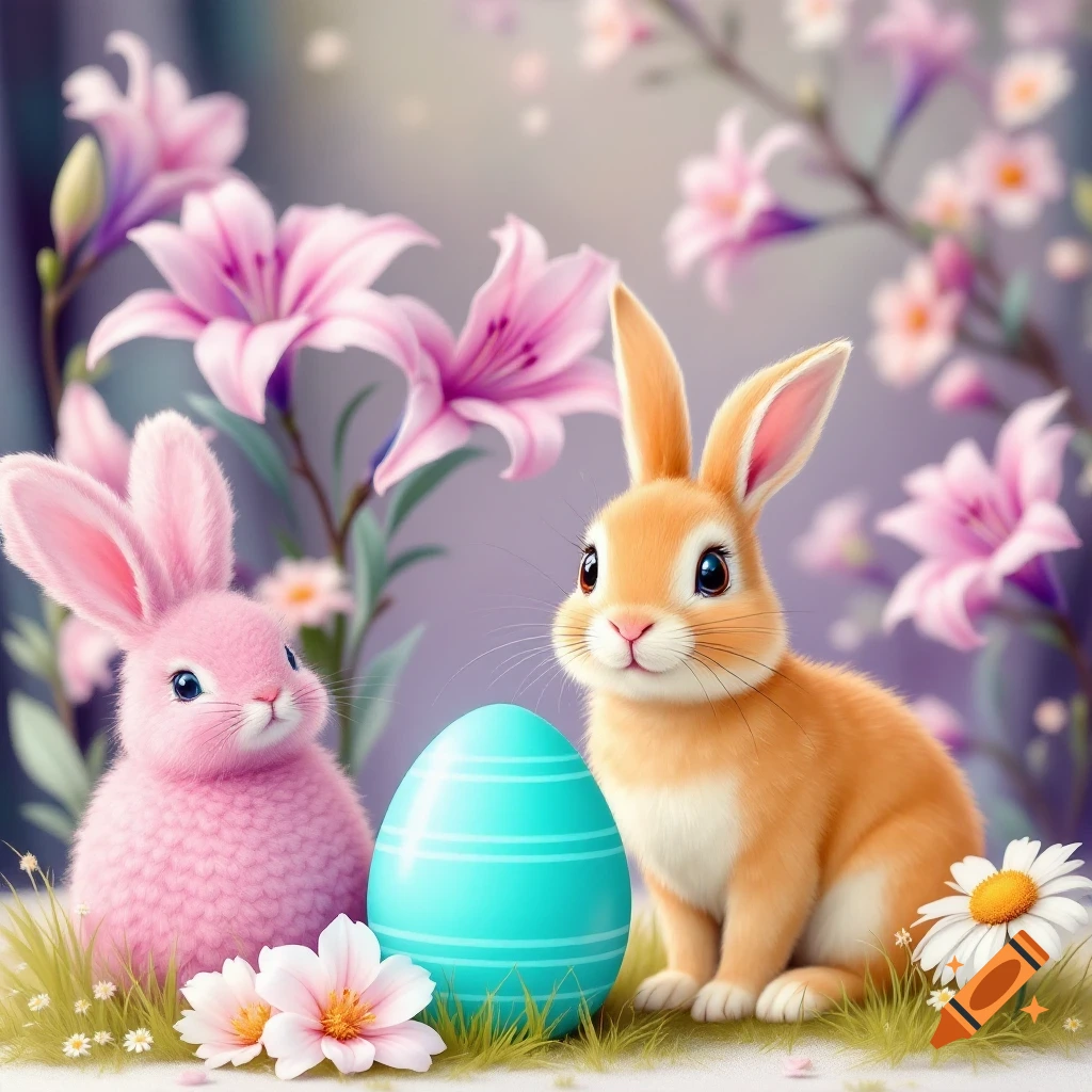 Two cute rabbits, one pink and one orange, sit beside a large blue Easter egg with stripes among flowers and grass.