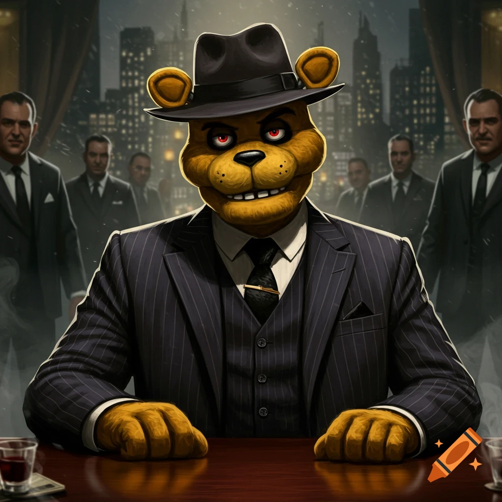 A Freddy Fazbear-like character in a pinstripe suit and fedora is seated at a table, with men visible in the background.