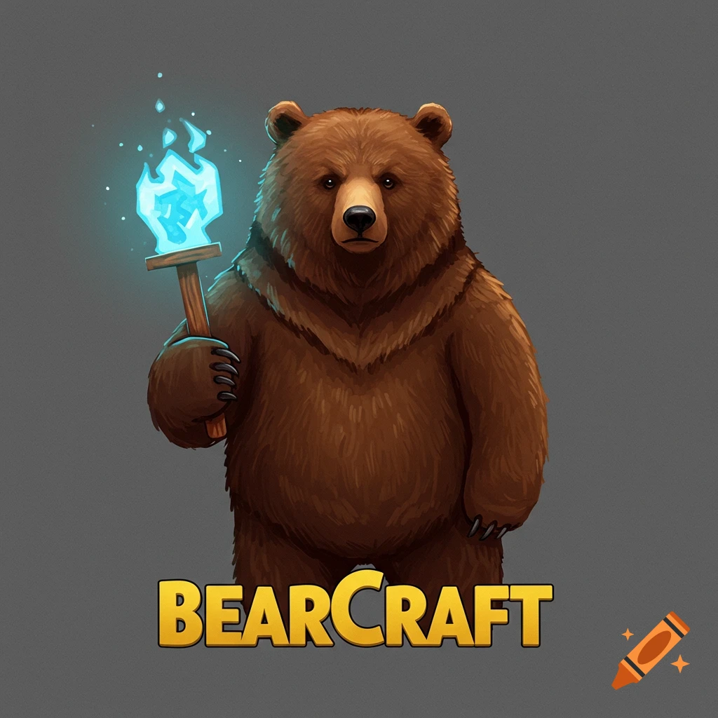 Cartoon style logo of a brown bear holding a staff with a blue flame, with the text "BEARCRAFT" below.