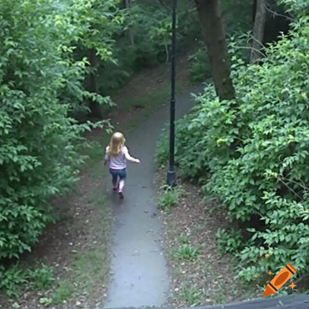 CCTV footage shows a blonde child walking down a path through overgrown bushes.