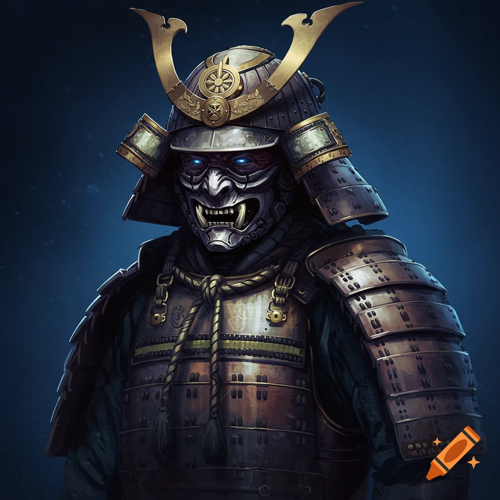 A samurai in intricate armor with glowing blue eyes