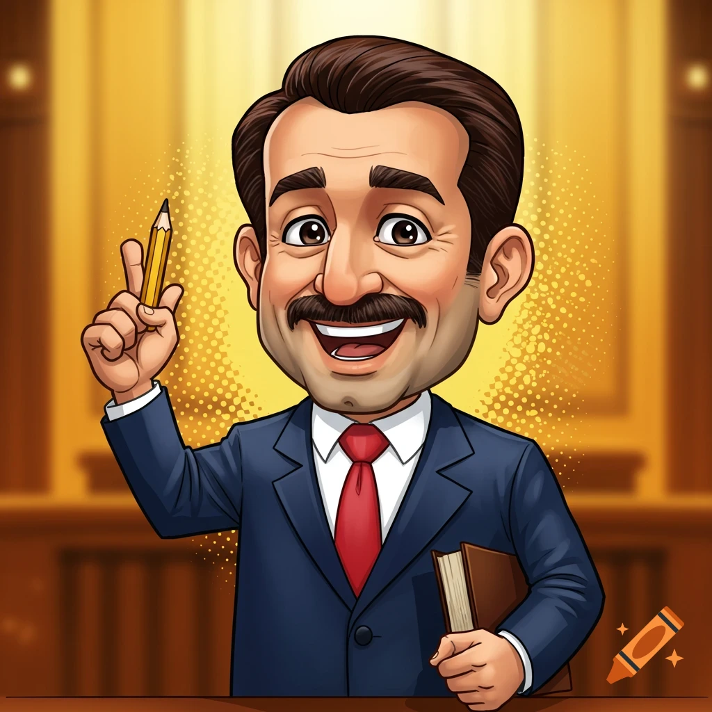 Caricature of a smiling lawyer in a suit holding a pencil and a book.