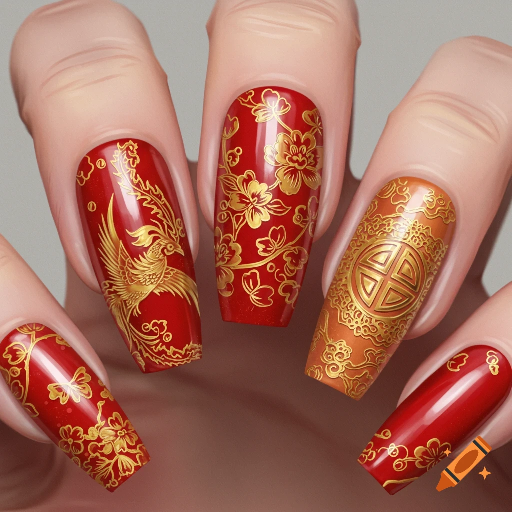 Close-up of fingers with red and orange nails featuring intricate gold Chinese-inspired patterns.
