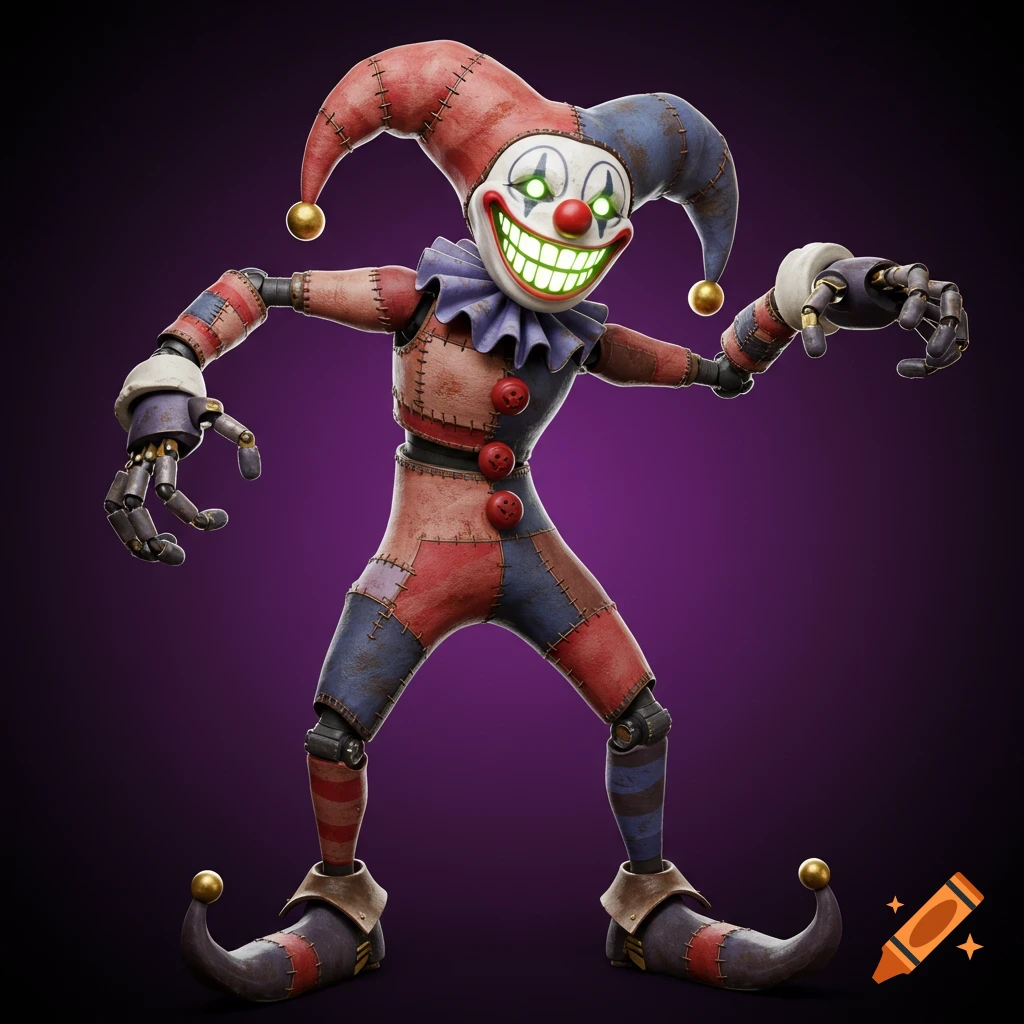 A creepy patchwork jester robot with glowing green eyes and a wide grin stands against a purple background.
