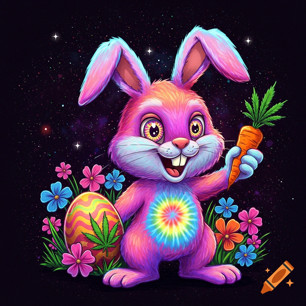 Psychedelic Easter bunny with tie-dye belly, holding a carrot and an egg with leaf patterns, against a starry background with flowers.