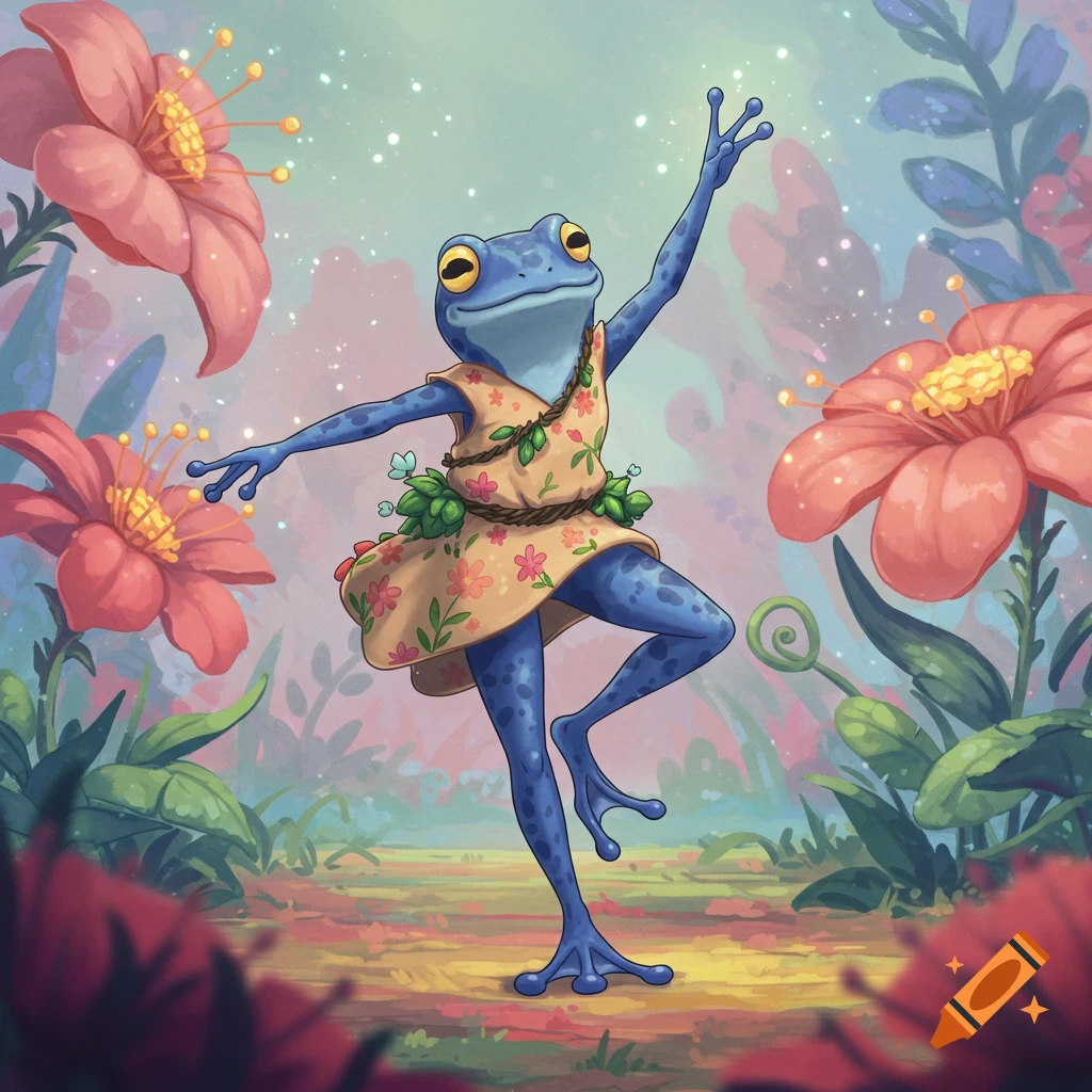 Humanoid blue poison dart frog dancing in Studio Ghibli anime style on ...