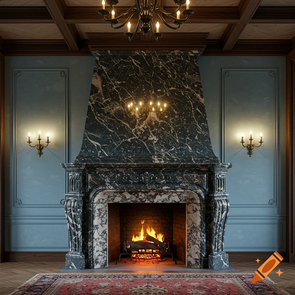 A grand marble fireplace in a luxurious historical room.