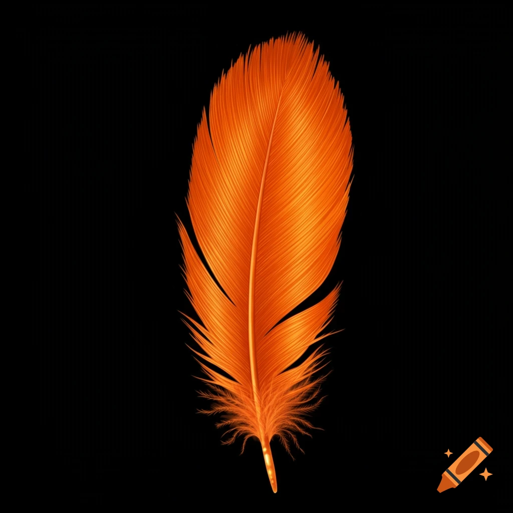 A detailed image of a bright orange feather on a black background.