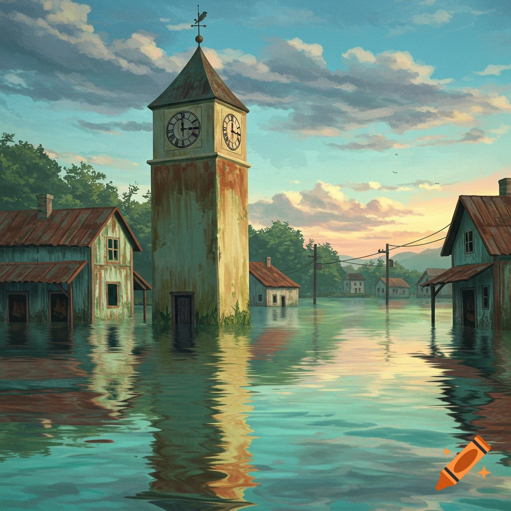 Small flooded town with a tall clock tower as the focal point under a cloudy sky.