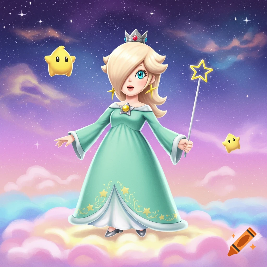 Image of Rosalina in a turquoise dress floating on clouds in a starry space sky with Lumas.