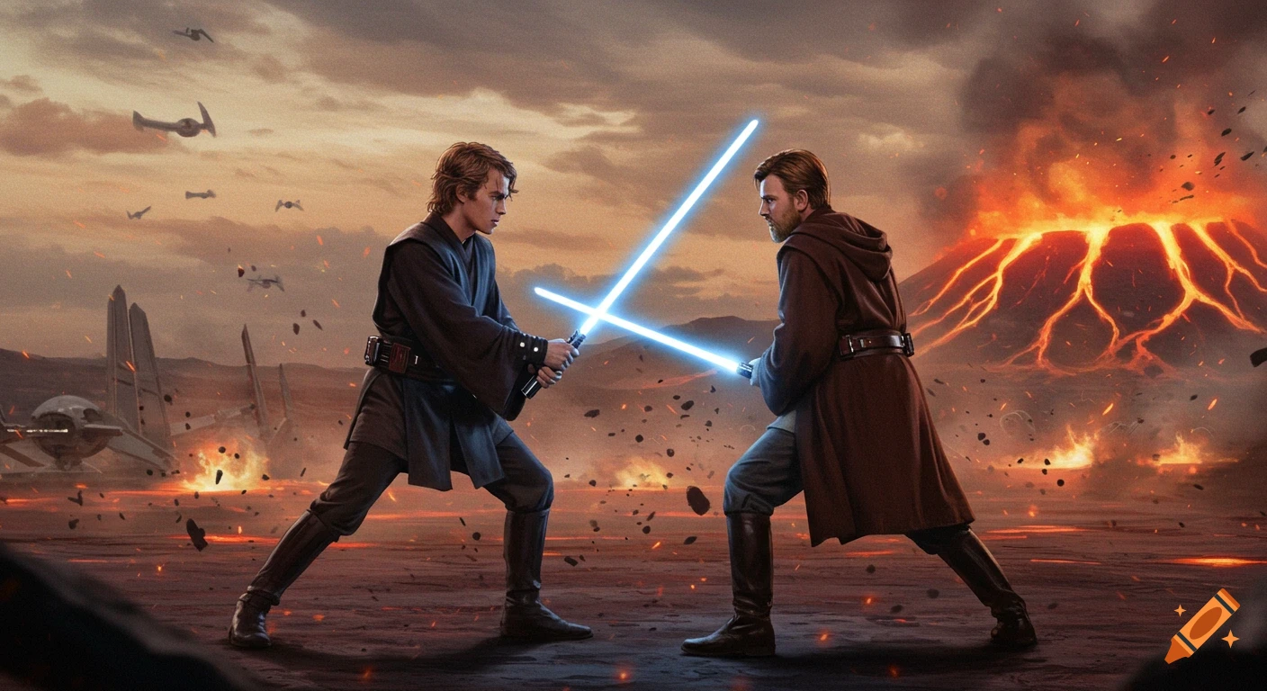 Anakin and Obi-Wan duel with lightsabers on a volcanic planet with spaceships overhead.