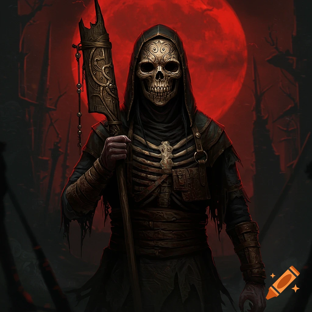 A skeletal figure in a hooded robe with a skull face holds a large staff in a dark fantasy landscape under a red moon.