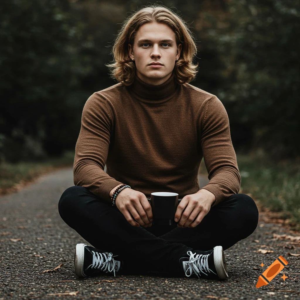 A young man with long blond hair and a brown turtleneck sits cross-legged outdoors with a mug.