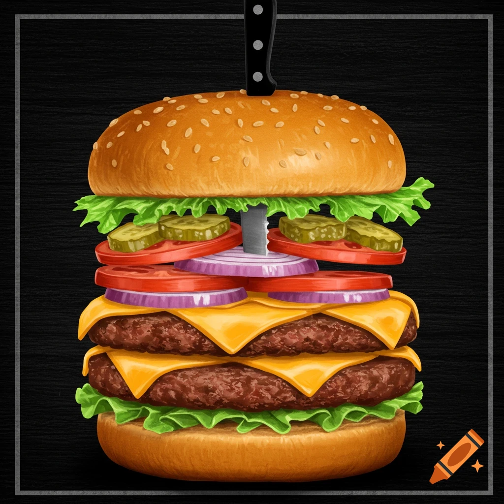 A tall burger with double patties, cheese, lettuce, tomato, onion, and pickles, speared by a knife on a black background.