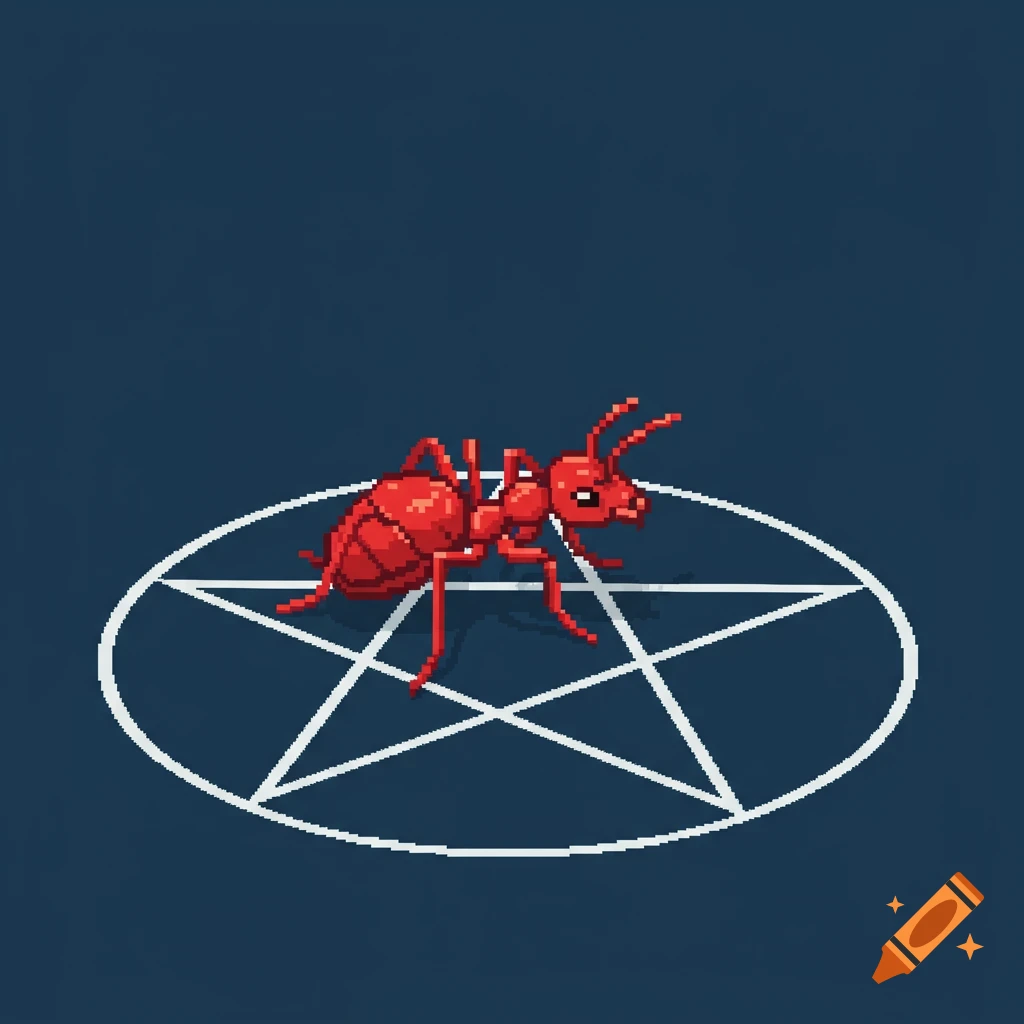 Pixel art red ant on a white pentagram