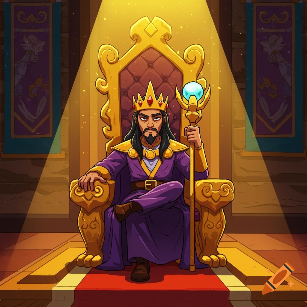 A stylized illustration of a king with a beard and crown, sitting on a large golden throne, holding a staff.