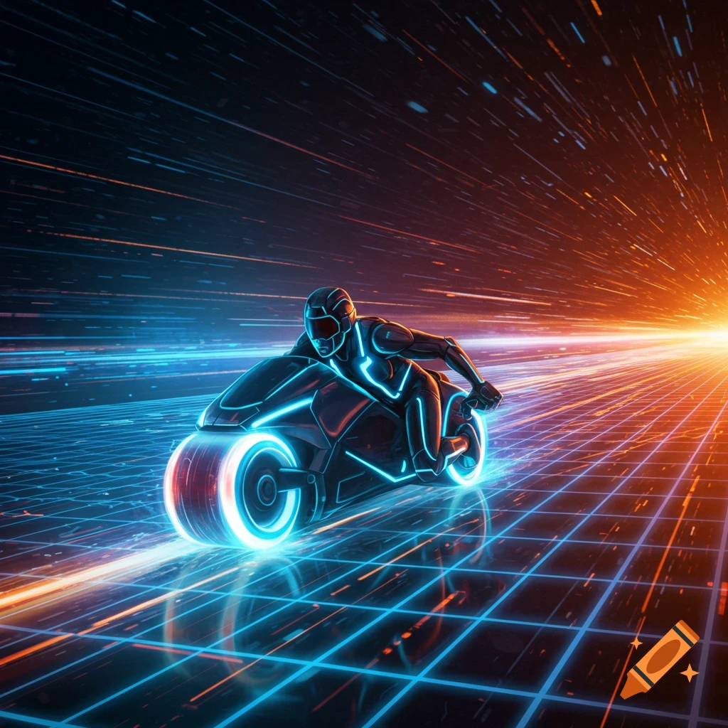 A figure rides a light cycle on a grid.