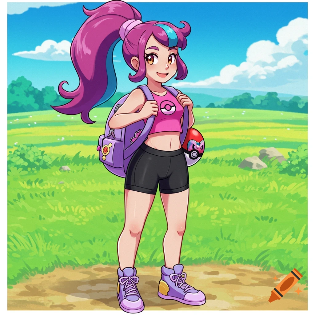 Female Pokemon trainer with purple ponytail, pink shirt, black shorts, and backpack stands in a grassy field.