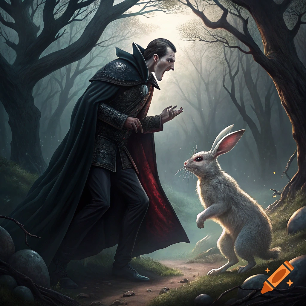 A vampire figure in a cloak confronts a white rabbit in a dark forest.