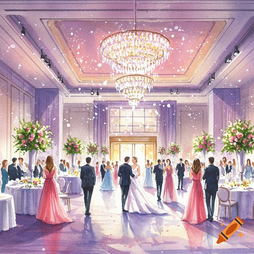 Watercolor painting of a modern wedding reception in a hotel ballroom.