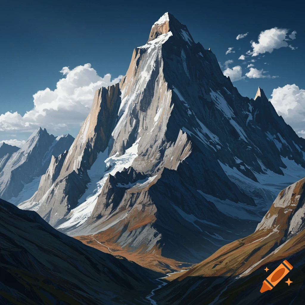 A majestic mountain peak with snow and clouds, overlooking a valley.