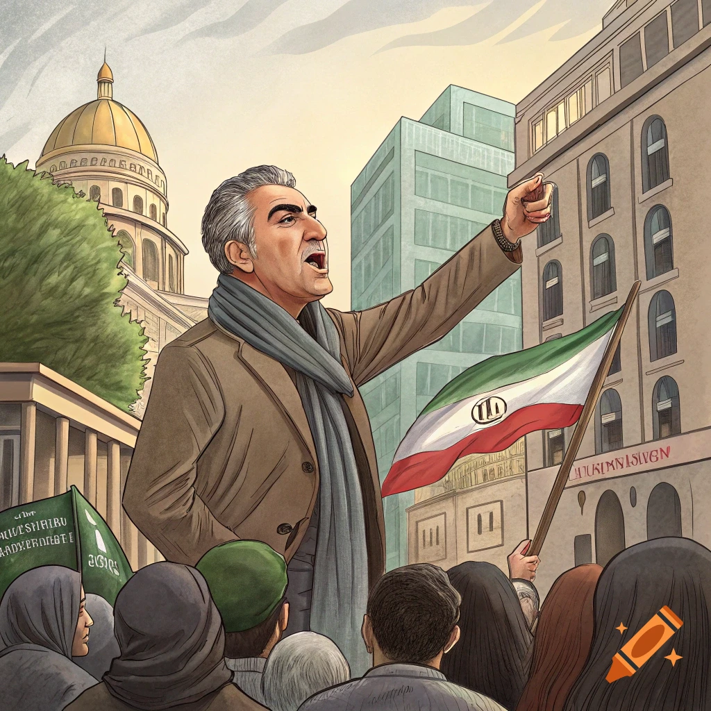 Illustration of a man speaking at a political rally with an Iranian flag.