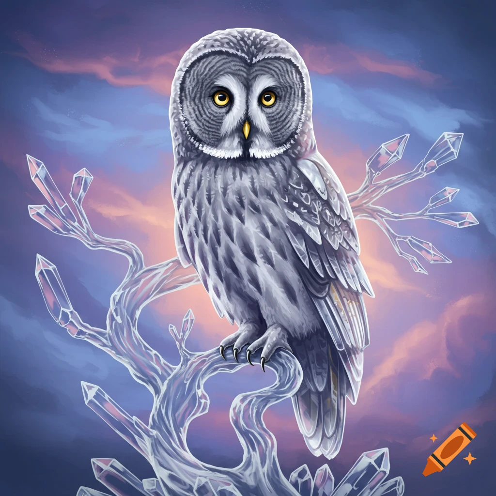 A Great Grey owl made of crystal sitting on crystal branches against a colorful sky.