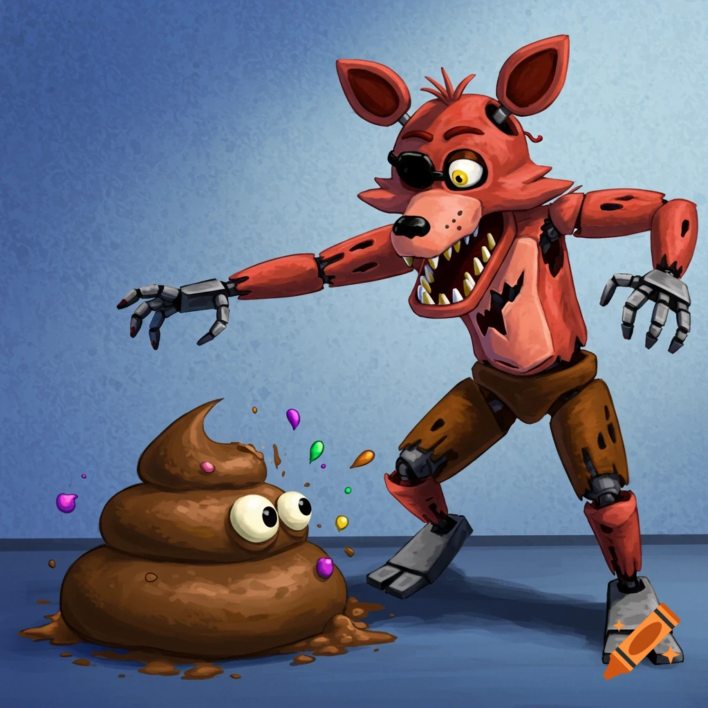 A depiction of Foxy the animatronic reaching towards a cartoon poop character.