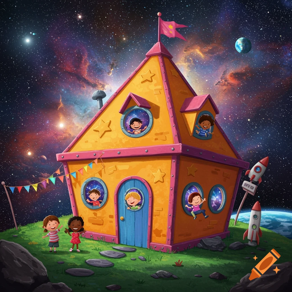 Cartoon kids playing outside a space clubhouse with rockets and planet in background