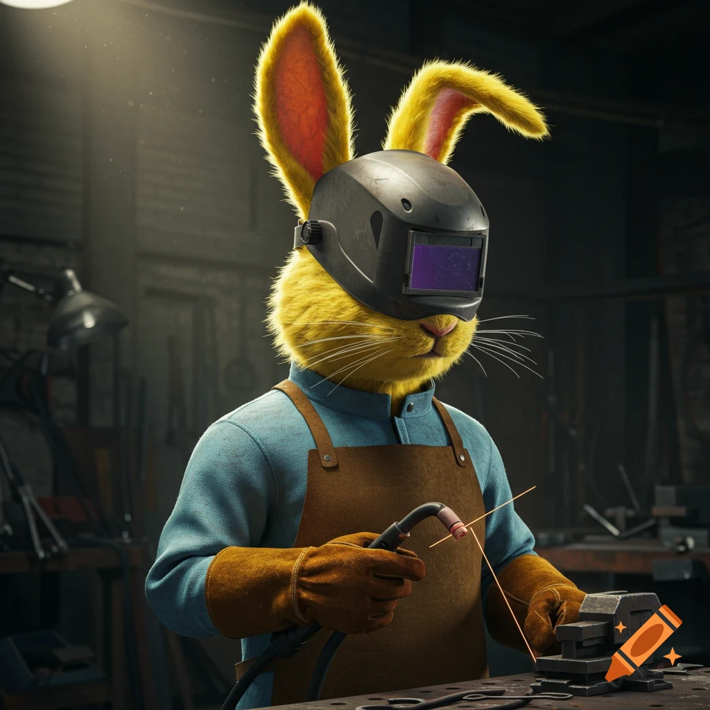 A furry yellow anthropomorphic rabbit wears a welding mask and gear while welding in a workshop.