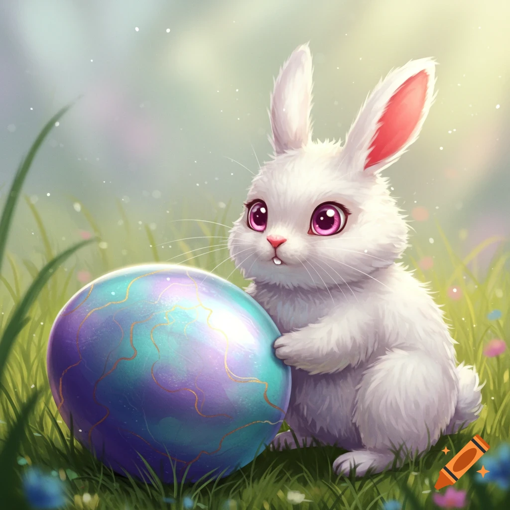 A cute white bunny stands next to a large, colorful Easter egg in a field.