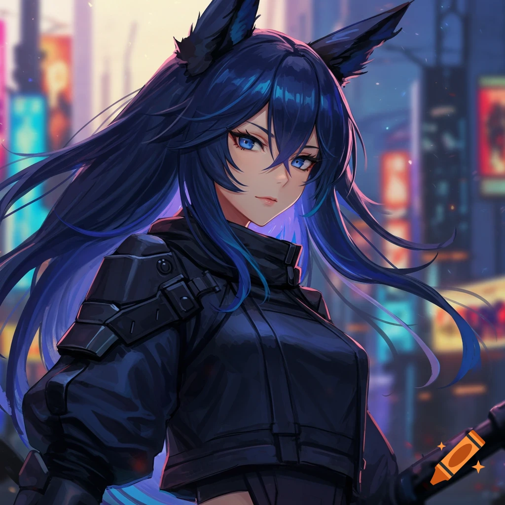Anime character with blue hair and animal ears in a black jacket against a blurry urban background, digital art.