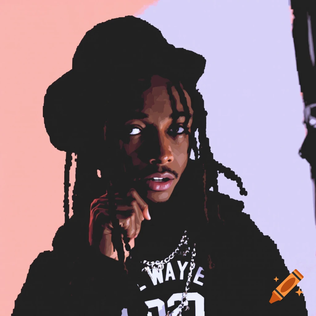 Stylized portrait of a person resembling Lil Wayne wearing a hat and chain.