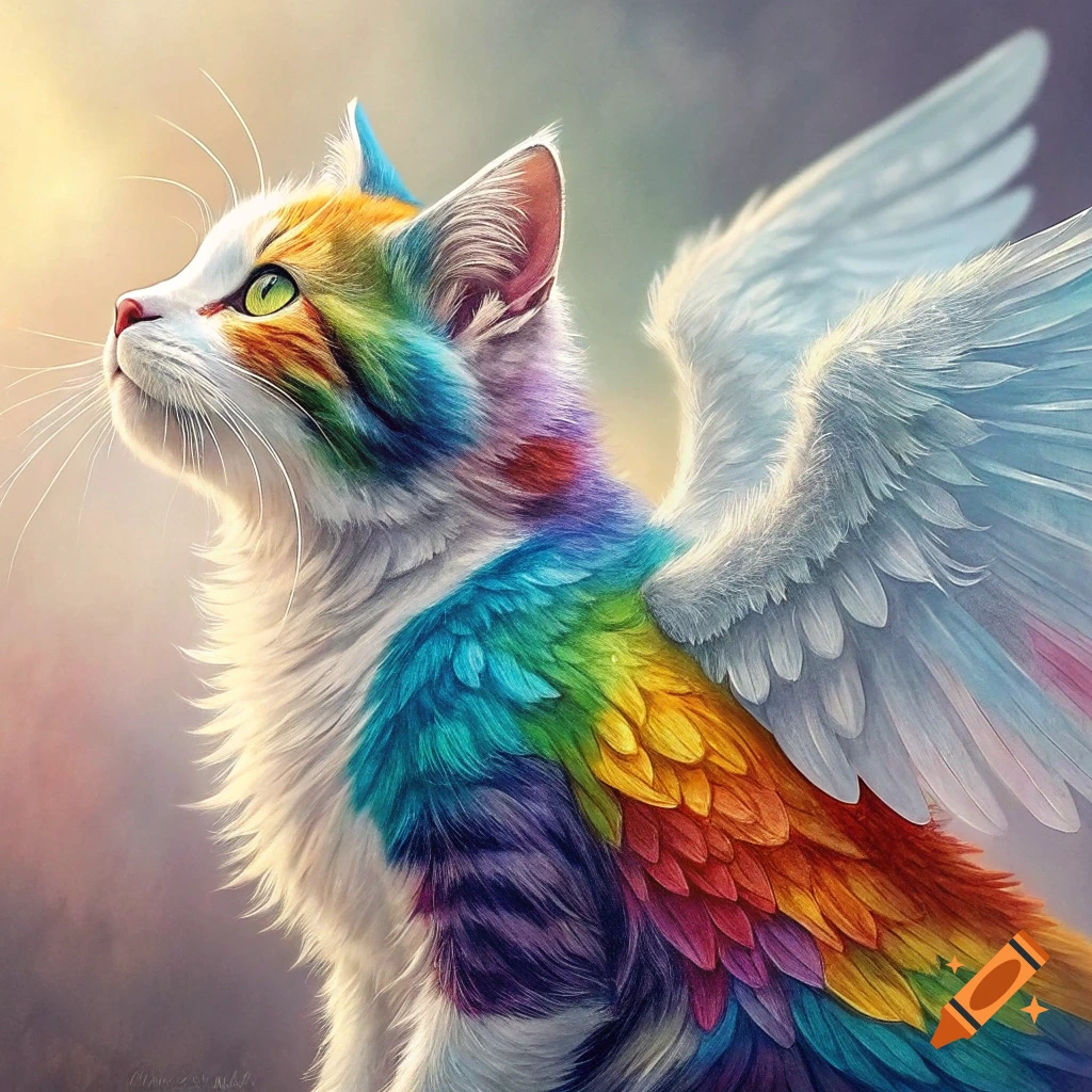 A winged cat with rainbow-colored fur looks up at the sky.