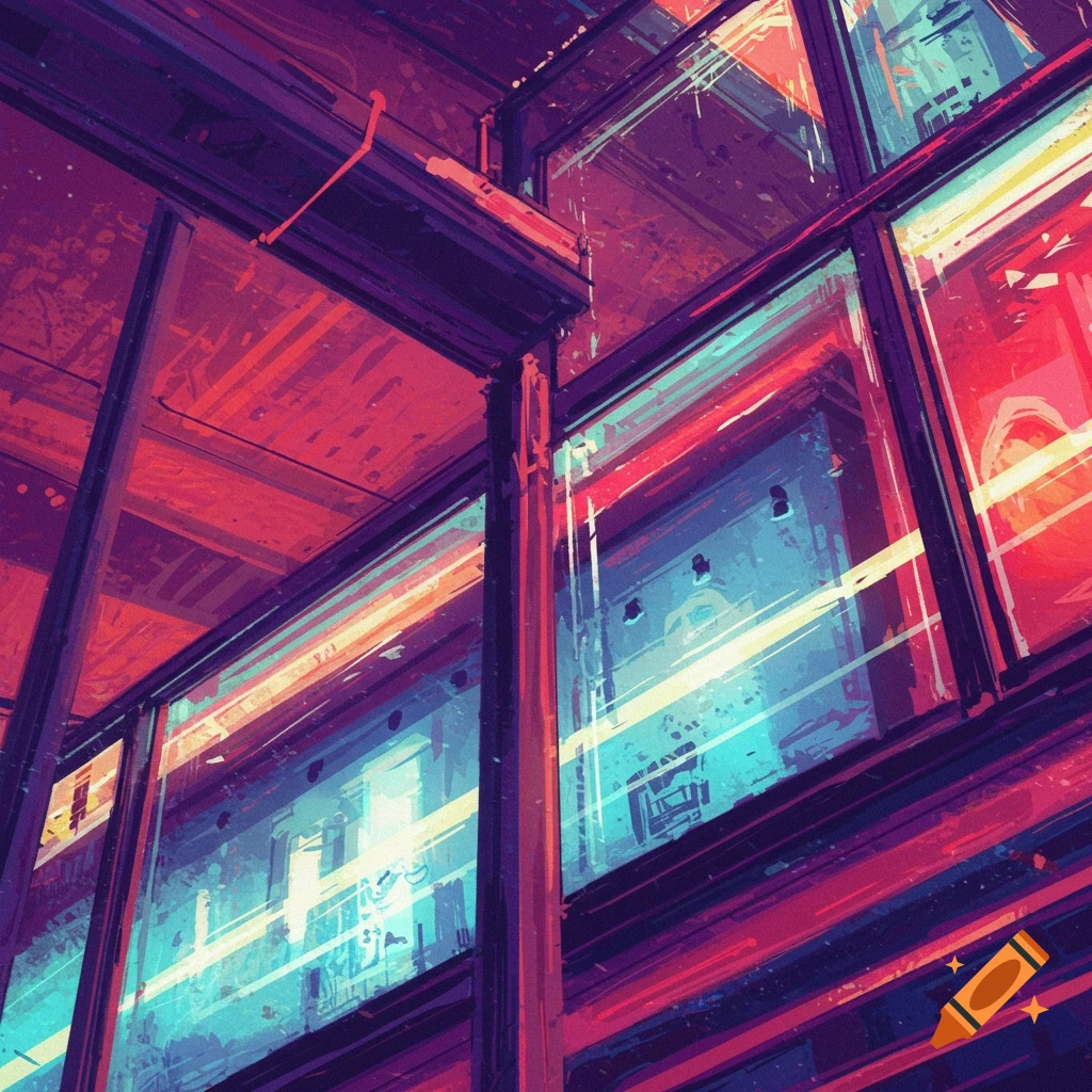 Looking up at a modern building facade with windows, rendered in vibrant red, purple, and blue.