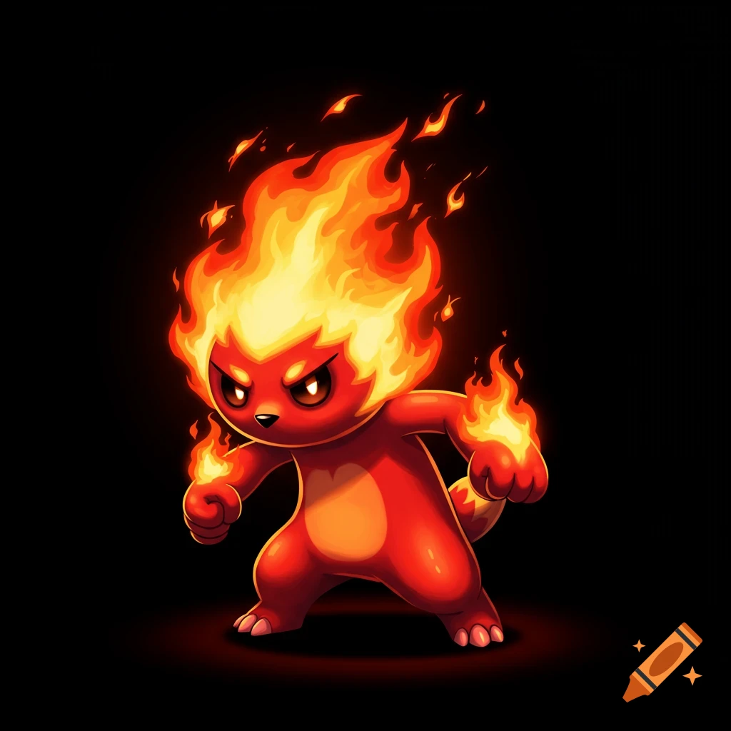 A cartoon-like creature made of fire on a black background.