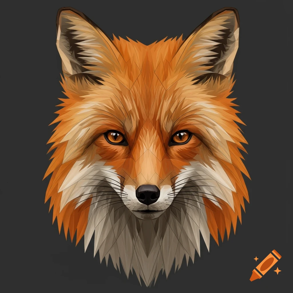 A stylized portrait of a fox face combining realistic and geometric elements on a dark background.