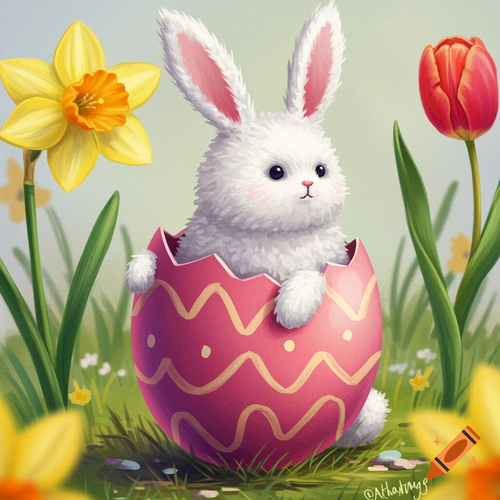 Fluffy white bunny in a pink Easter egg among daffodils and tulips.
