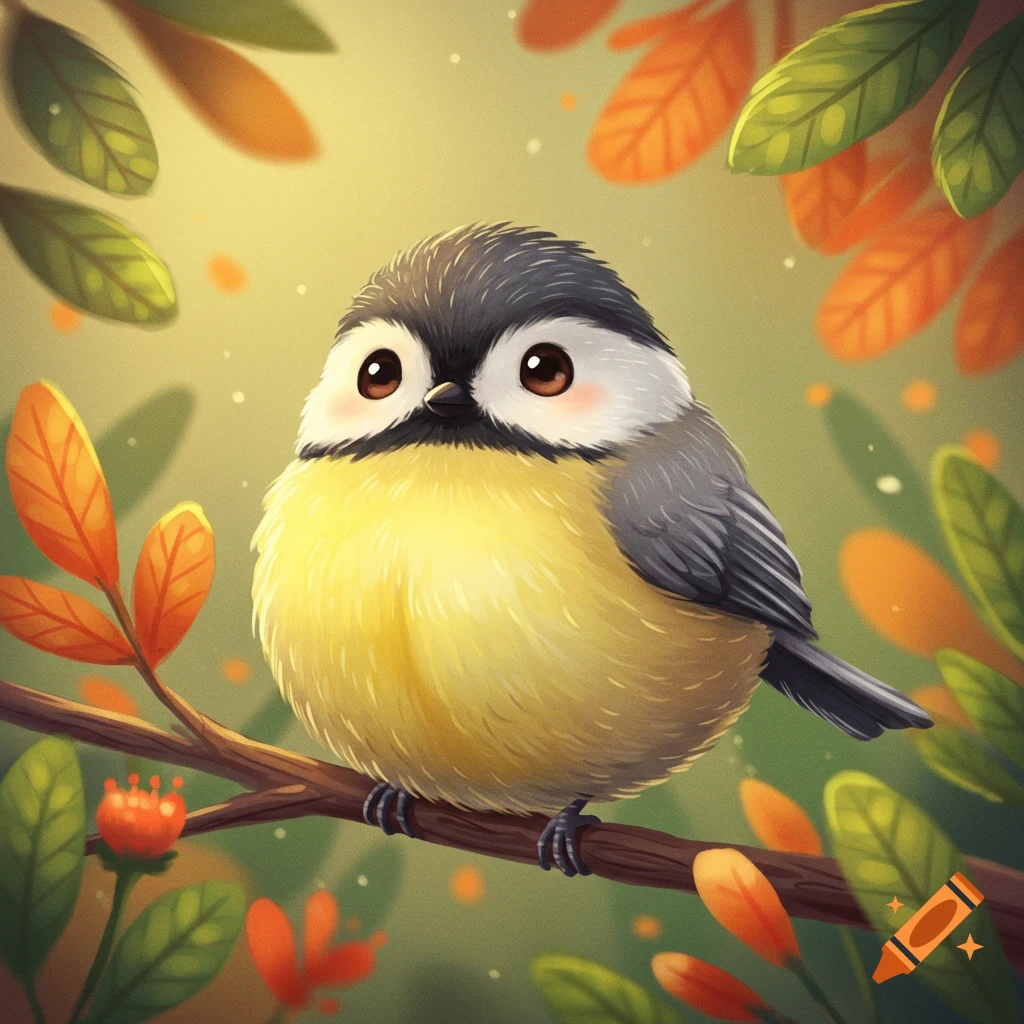 A cute fluffy chickadee bird sits on a branch among autumn leaves.