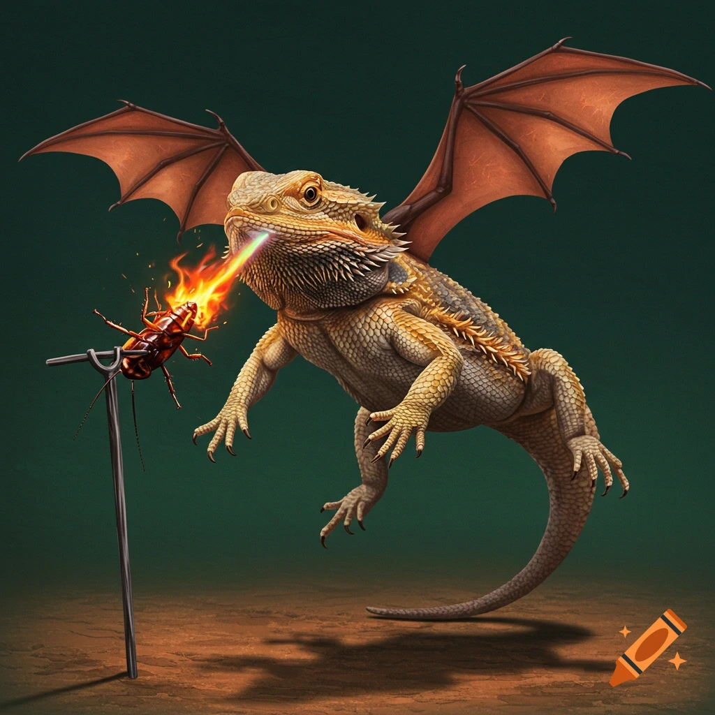 A bearded dragon with bat wings flies, breathing fire on a cockroach on a spit.